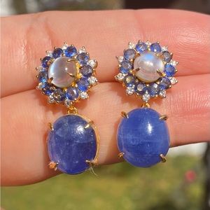 Natural Moonstone,Diamonds and Sapphire earrings in 18K Solid Gold